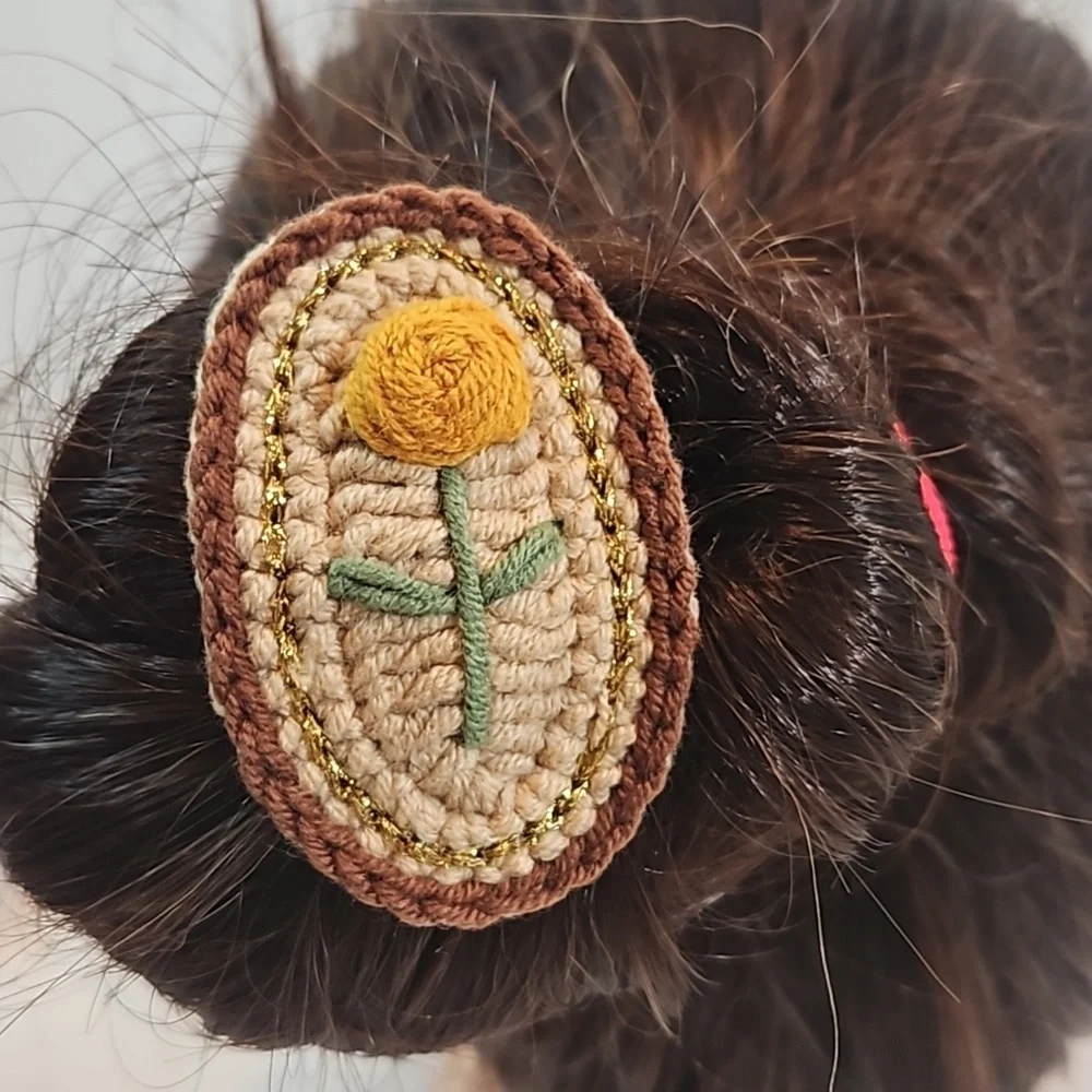Hand Crafted Hand Knit Crochet Hair Clip Handmade embroidery yellow rose beige